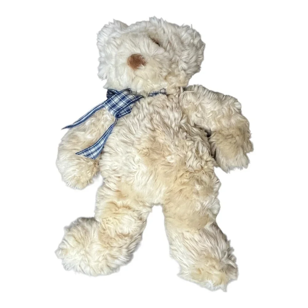 Gund Gordon Teddy Bear‎ Plush Tan Beige 15037 Shaggy Fur Blue Plaid Ribbon 12in